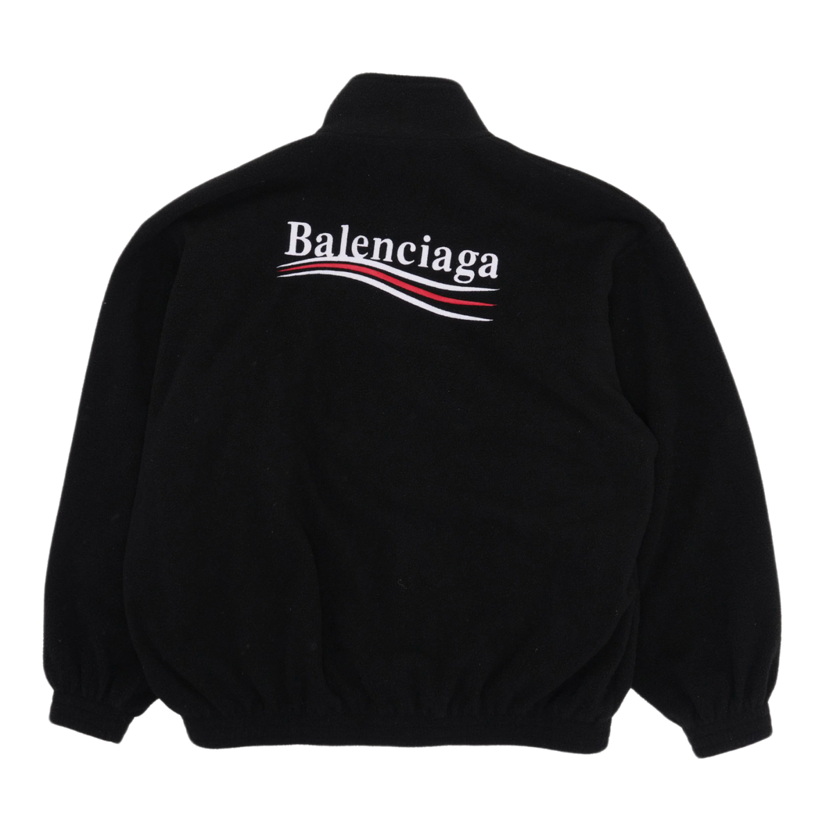 Back flat lay view of the black Balenciaga fleece jacket, highlighting the loose streetwear volume and thick plush insulating pile running uniformly across the back panel and hemline, dominated by a large matching multi-colored embroidered political campaign wave logo emblazoned boldly across the upper back shoulders.