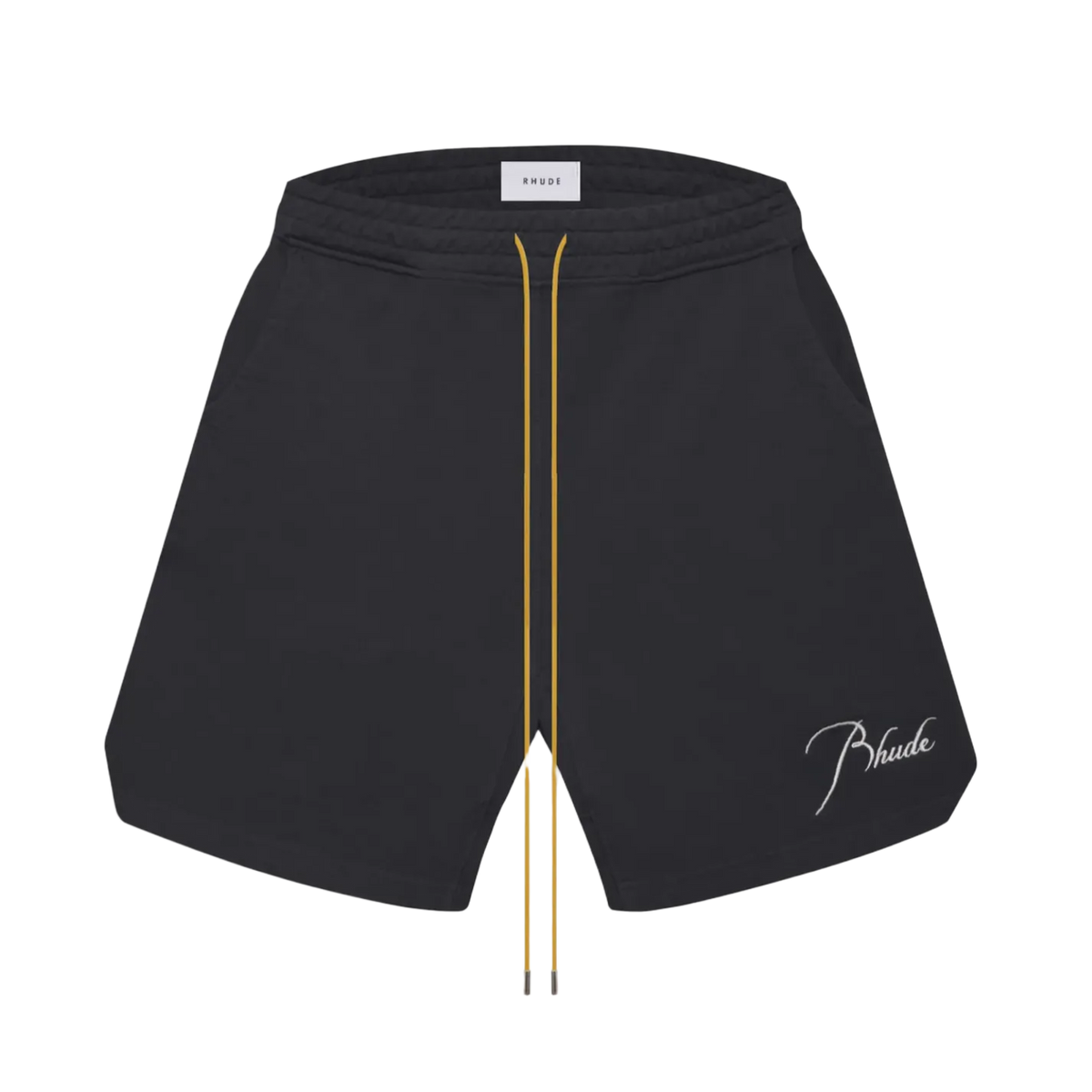 Front flat lay view of the Rhude shorts in black French terry cloth fabric, featuring an elastic waistband with long mustard yellow drawstrings, rounded overlapping side hem vents, and a white script 'Rhude' logo embroidered on the lower left leg.