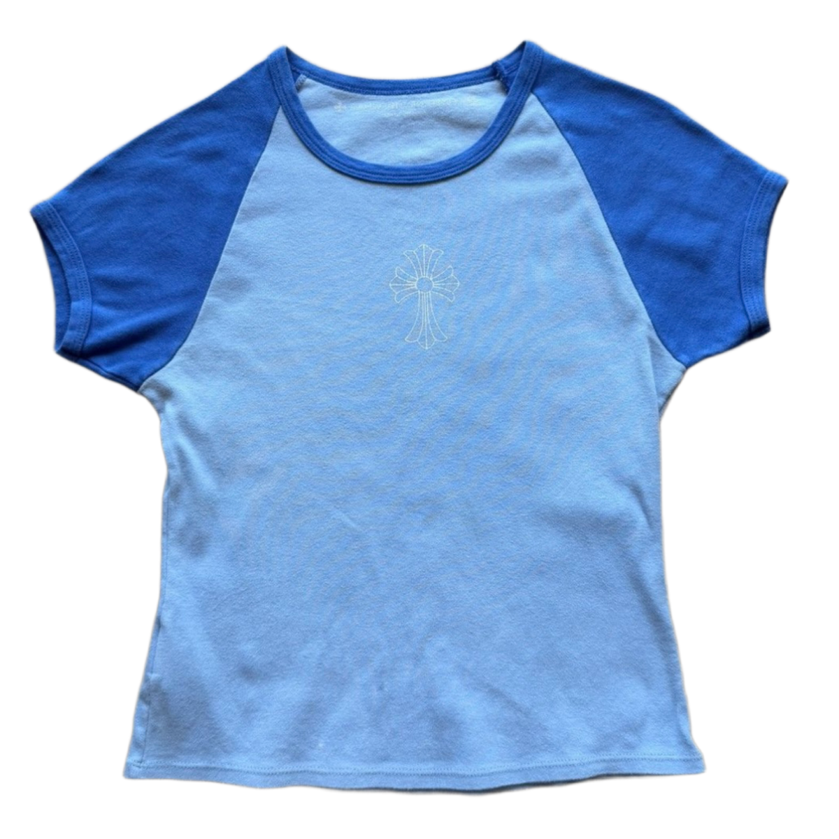 Front flat lay view of the vintage Chrome Hearts women's baby tee in a soft cotton stretch jersey, showcasing a classic cropped y2k silhouette with a two-tone blue colorblock layout, featuring a light powder blue main body contrasted by deep royal blue short raglan sleeves, a matching royal blue crewneck collar band, and a clean solid front torso panel.