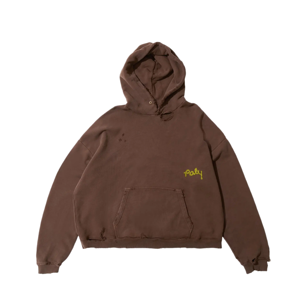 Front flat lay view of the Paly pullover hoodie in a premium heavyweight vintage-washed chocolate brown cotton fleece, showcasing a relaxed boxy streetwear silhouette, a structured drawstringless crossover hood, dropped shoulder seams, a roomy front kangaroo pouch pocket, thick elasticated ribbed knit cuffs and hemline, and a small minimalist yellow embroidered cursive or script logo accent stitched on the center chest.