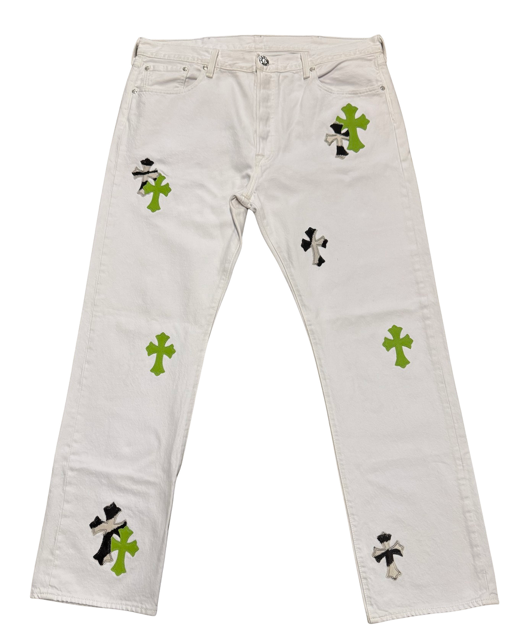 Chrome Hearts 'Zebra/Green' Cross Patch White Jeans