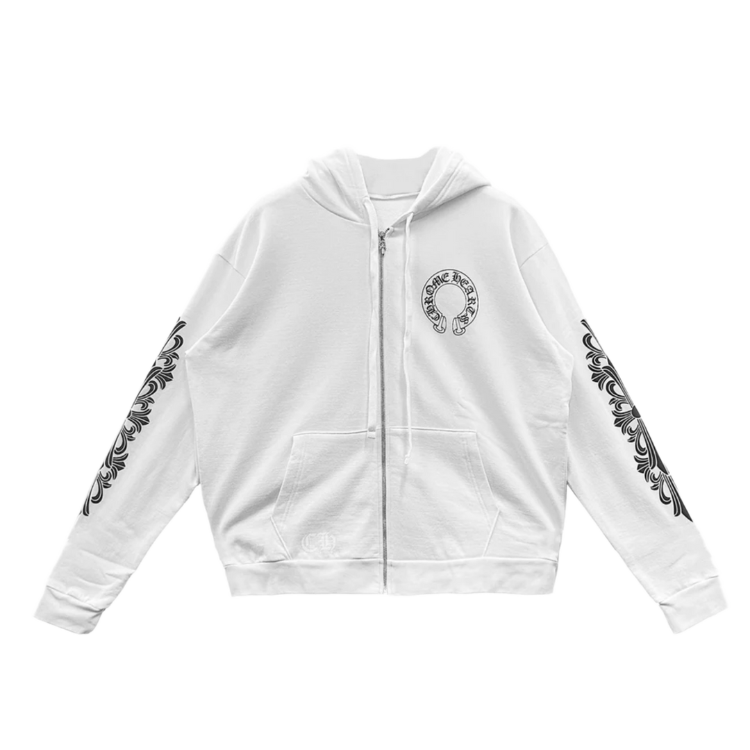 Chrome Hearts 'Horseshoe Logo' Floral White Zip Up Hoodie