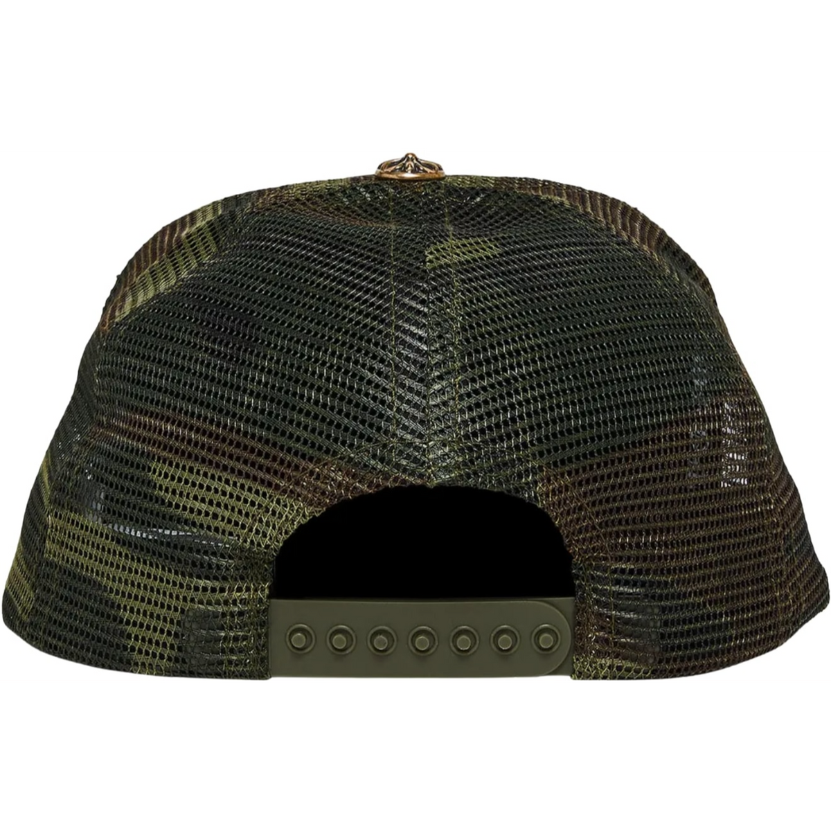 A straight-on rear view of the Chrome Hearts camouflage trucker cap, highlighting the curved airy black mesh backing panels, an adjustable multi-notch black plastic snapback enclosure for a customizable fit, and an open lower rear cutout revealing the precise interior perimeter sweatband stitching and structural crown lines.