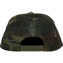 A straight-on rear view of the Chrome Hearts camouflage trucker cap, highlighting the curved airy black mesh backing panels, an adjustable multi-notch black plastic snapback enclosure for a customizable fit, and an open lower rear cutout revealing the precise interior perimeter sweatband stitching and structural crown lines.