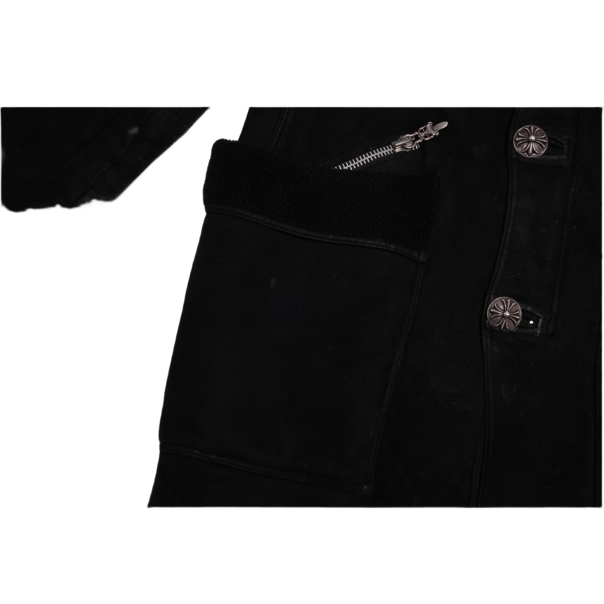 Close-up macro detail of the lower torso area, highlighting the matte, velvety texture of the black nubuck leather patch pockets, a subtle hand-stitched tonal black leather cemetery cross patch embellishment, and precise tonal border reinforcement topstitching.