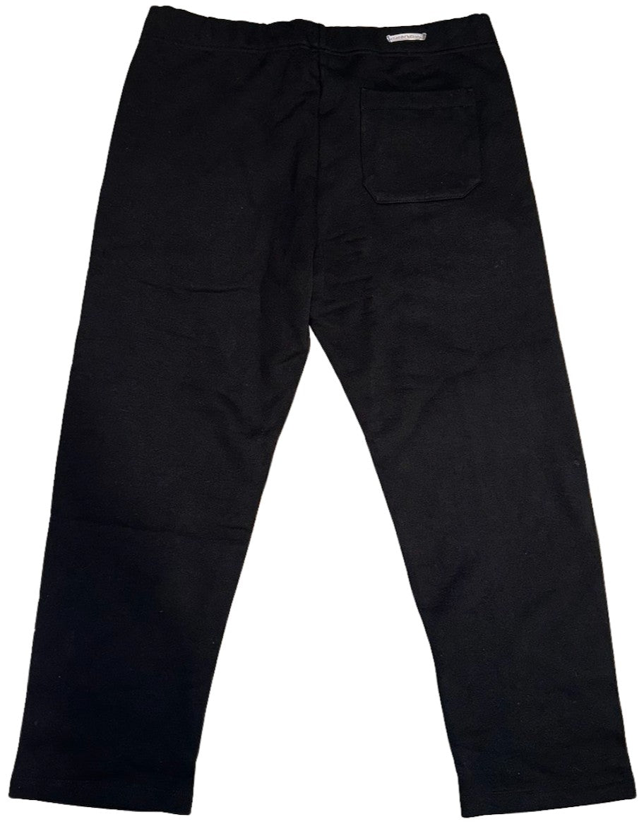 Back flat lay view of the black Chrome Hearts 'Slo Ride' embroidered sweatpants, highlighting the clean structural tailoring lines from the elastic waistband down to the open-hem ankles, with a solid unadorned black fleece rear panel layout.