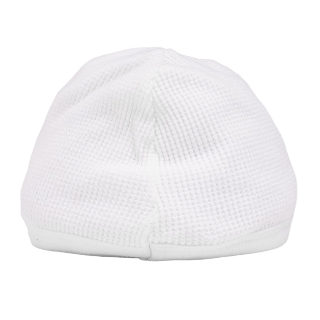 Back view of the white Chrome Hearts thermal skull cap, displaying a clean, unadorned solid white waffle-knit panels tapering up toward the top crown seam.