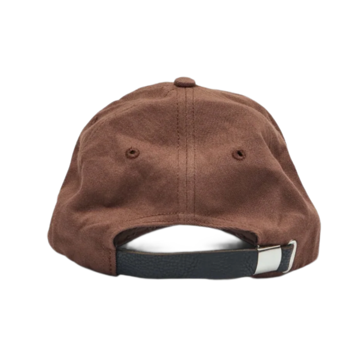 Back view of the washed brown studded cap, showcasing an adjustable black fabric strap closure with a silver metal buckle, a curved rear opening, and clean canvas panels tapering to the top crown button.