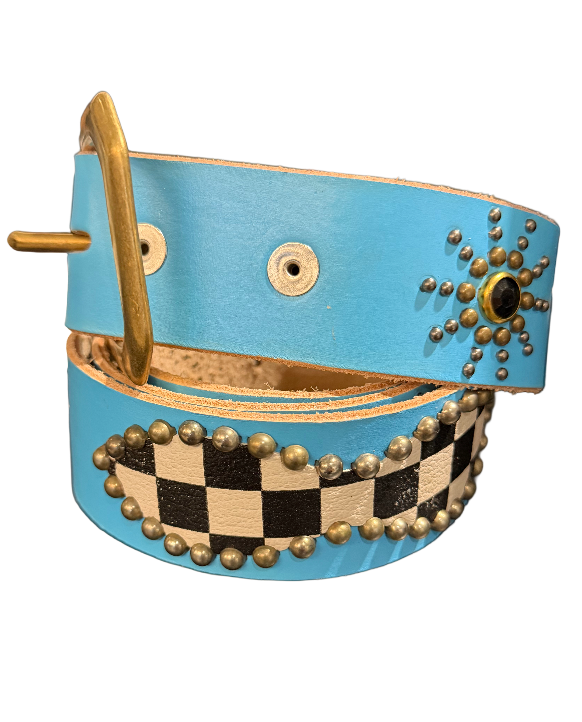 Studded 'Checkered Leather/ Sun Gem' Blue Belt