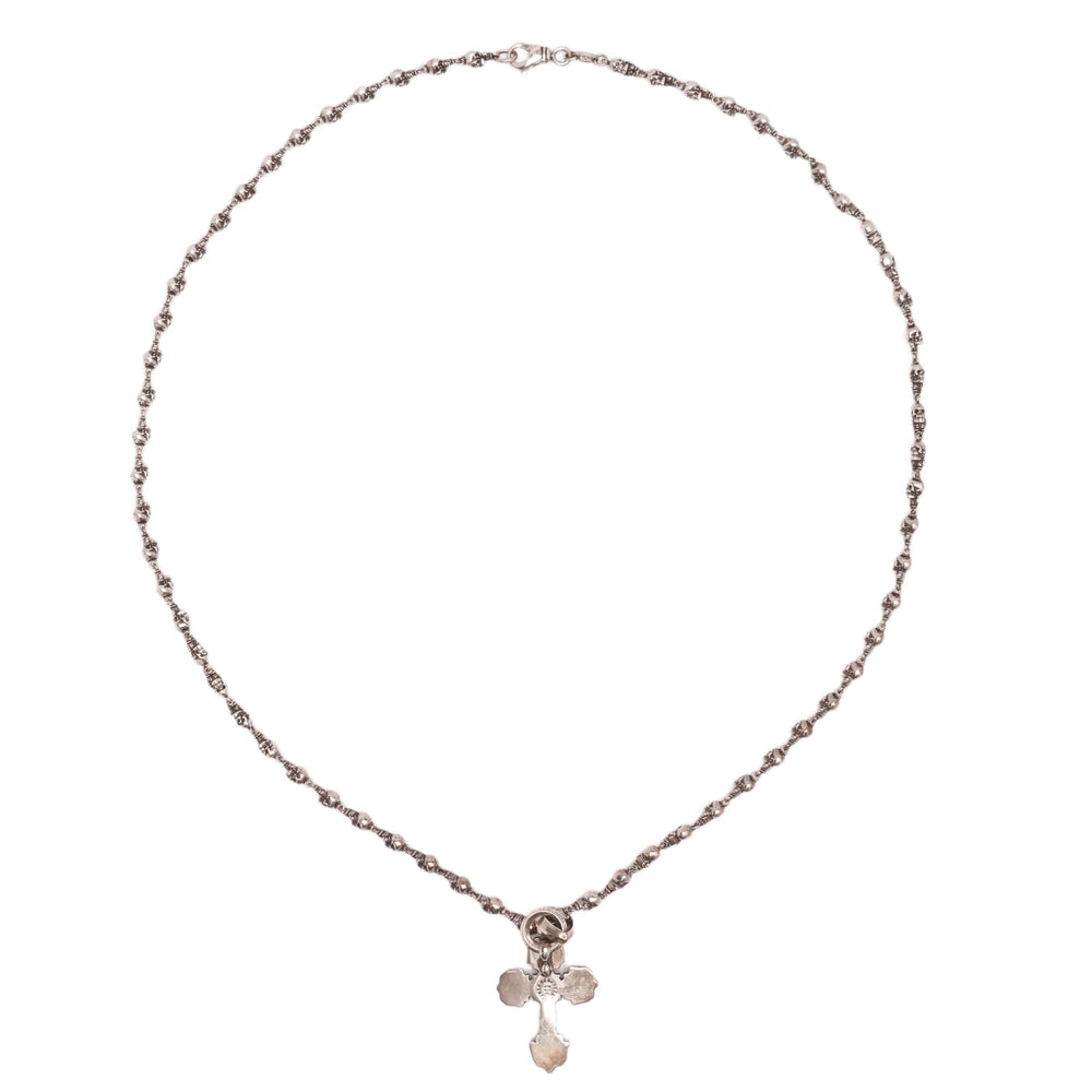 A full-length vertical layout view of the sterling silver necklace, highlighting the uniform flow of the long link chain down to the detailed gothic filigree cross pendant.