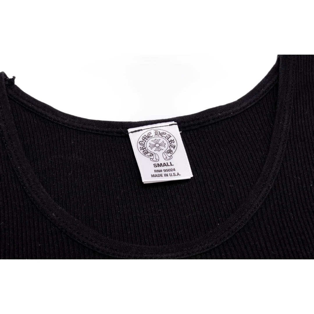 Close-up view of the front scoop neckline and shoulder straps, highlighting the ribbed fabric construction and the white minimalist Chrome Hearts interior clothing tag.