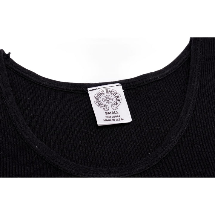 Close-up view of the front scoop neckline and shoulder straps, highlighting the ribbed fabric construction and the white minimalist Chrome Hearts interior clothing tag.