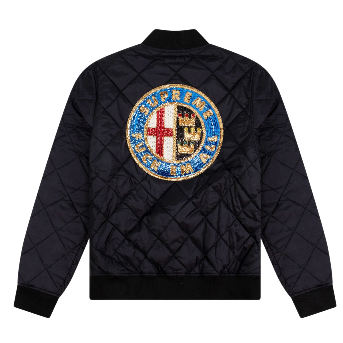 Back flat lay view of the black diamond-quilted Supreme bomber jacket, highlighting the structured outerwear volume across the shoulders and back panel, dominated by a large, intricate circular multi-colored sequin patch emblazoned across the upper back torso depicting an ornate crest design with a red cross, blue detailing, and bold typography.