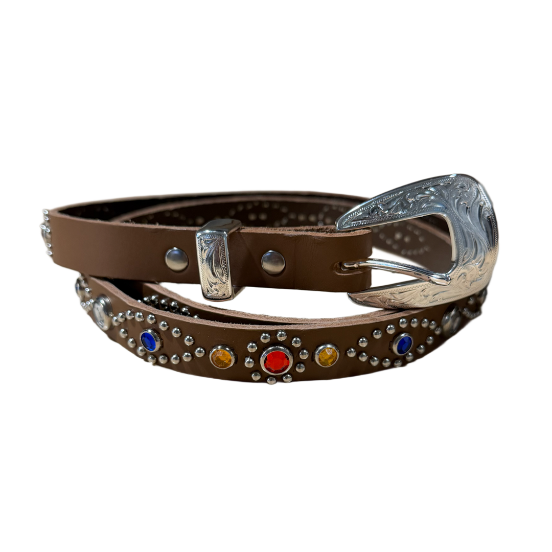 Studded 'Brown & Gems' Thin Leather Belt