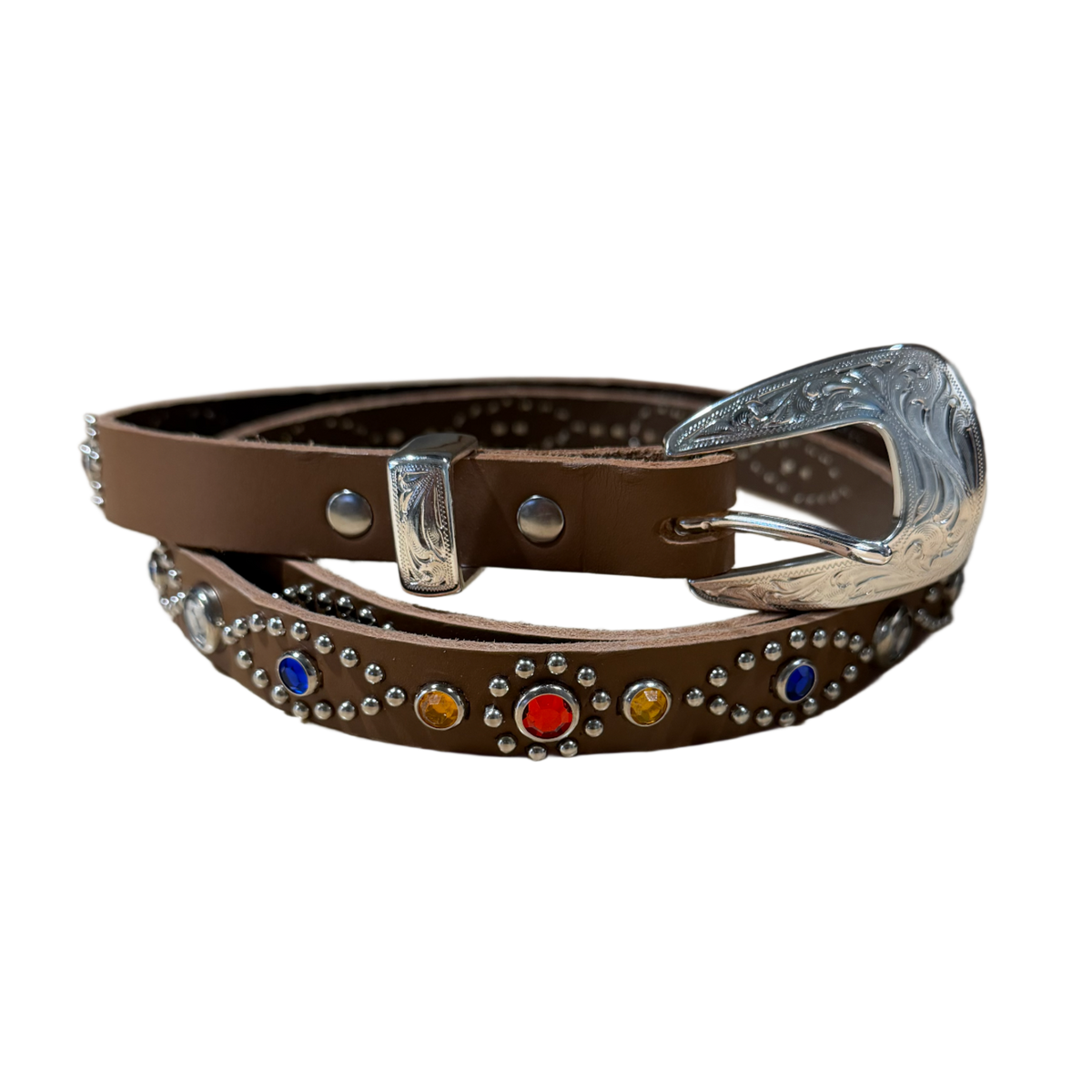 Studded 'Brown & Gems' Thin Leather Belt