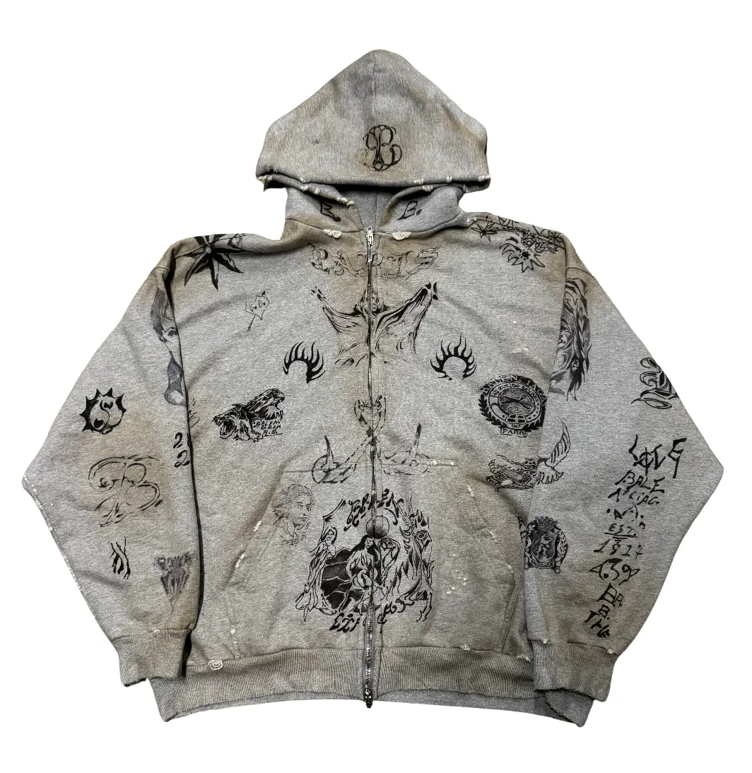 Balenciaga 'Tattoo' Grey Zip Up Hoodie