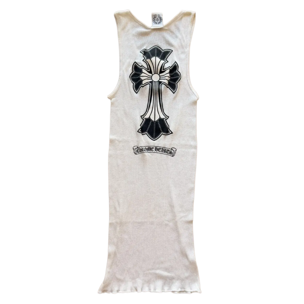 Back flat lay view of the white fine-ribbed vintage Chrome Hearts tank top, highlighting the classic racerback shoulder paneling and the elongated straight lower hem, dominated by a large, intricate black gothic cross graphic printed centered across the upper spine, complemented directly underneath by a signature black gothic scroll text logo.