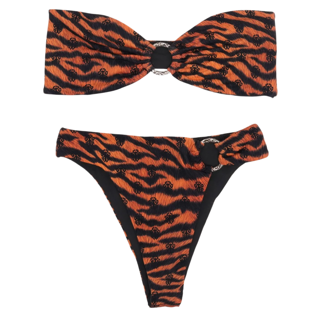 Chrome Hearts Dipped in Blue 'Orange Tiger' Bandeau Bikini Set