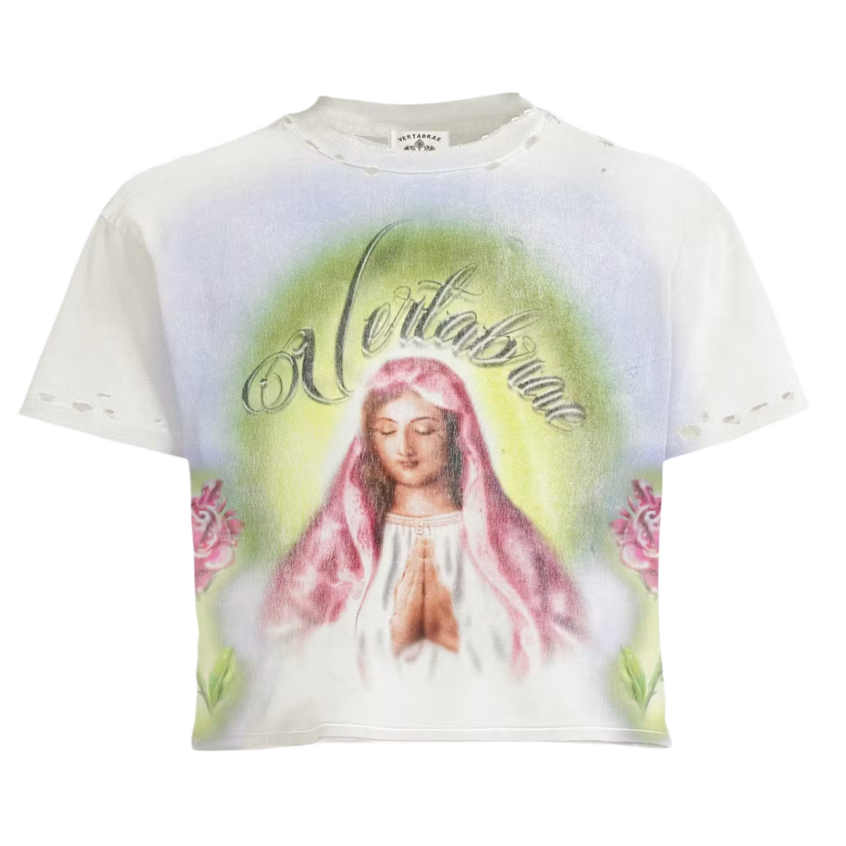 Front flat lay view of the Vertabrae 'Prayers' t-shirt in a washed cream cotton jersey knit, highlighting an all-over custom airbrushed layout featuring neon green and sand-tan cloud-like halo gradients, a thick ribbed crewneck collar with a dark internal brand tag, and a large central multi-colored graphic illustration of a praying religious figure, crowned by stylized arched cursive typography reading 'Vertabrae' screen-printed cleanly across the chest.