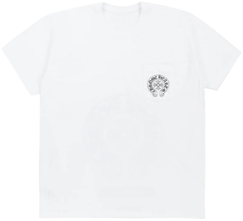 Front flat lay view of the Chrome Hearts t-shirt in a premium mid-weight stark white cotton jersey, showcasing a relaxed boxy streetwear silhouette, a thick ribbed crewneck collar, clean double-stitch shoulder construction, and a functional square patch pocket on the left chest emblazoned with a bold black circular horseshoe logo monogram printed centered on the pocket panel.