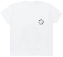 Front flat lay view of the Chrome Hearts t-shirt in a premium mid-weight stark white cotton jersey, showcasing a relaxed boxy streetwear silhouette, a thick ribbed crewneck collar, clean double-stitch shoulder construction, and a functional square patch pocket on the left chest emblazoned with a bold black circular horseshoe logo monogram printed centered on the pocket panel.