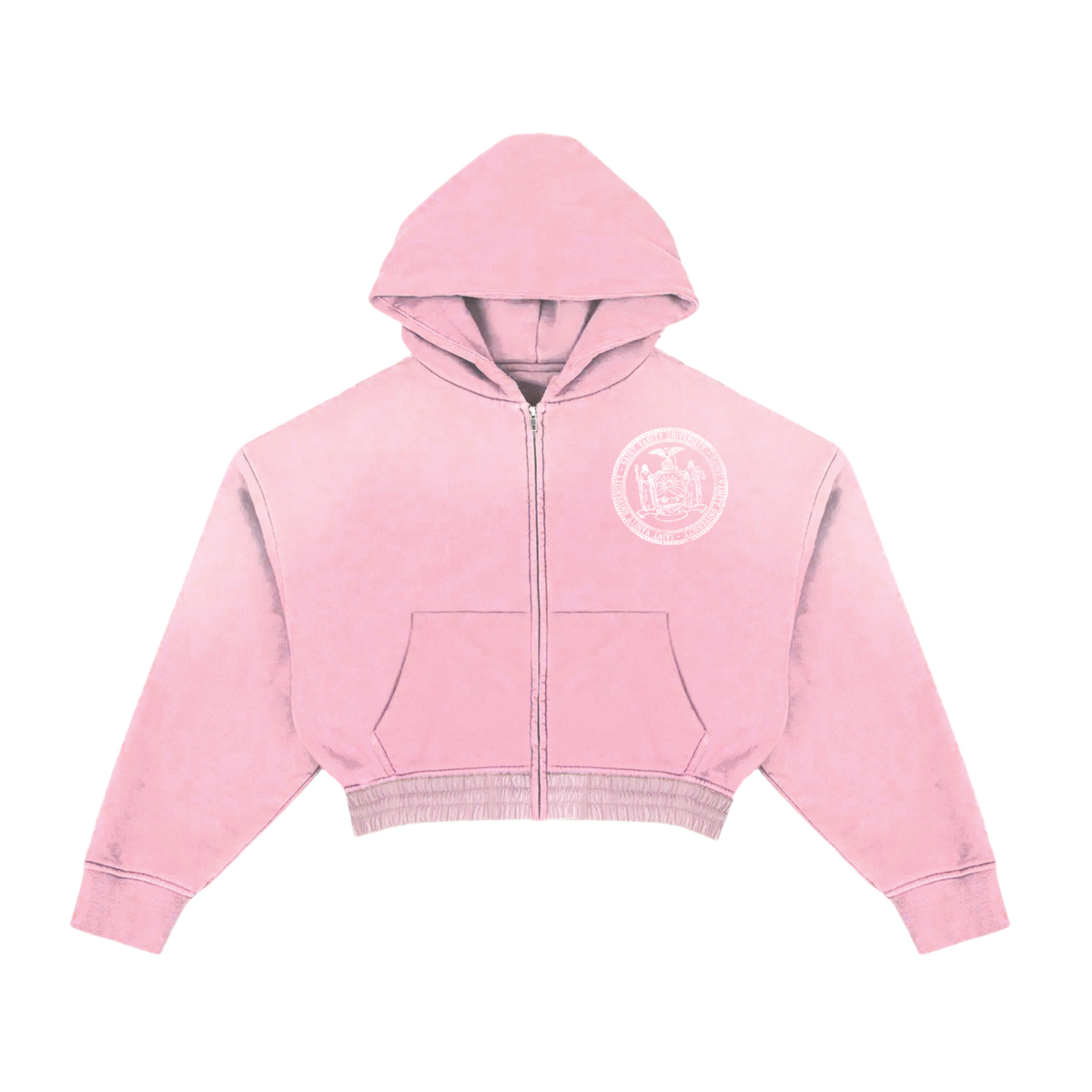 Front flat lay view of the Saint Vanity women's collegiate full-zip hoodie in a soft pastel pink cotton fleece, showcasing a cropped boxy silhouette with dropped shoulders, long relaxed sleeves with thick ribbed cuffs, a silver metal front zipper track, split kangaroo pouch pockets, a spacious slouchy hood, and a circular white collegiate emblem graphic printed subtly on the left chest.
