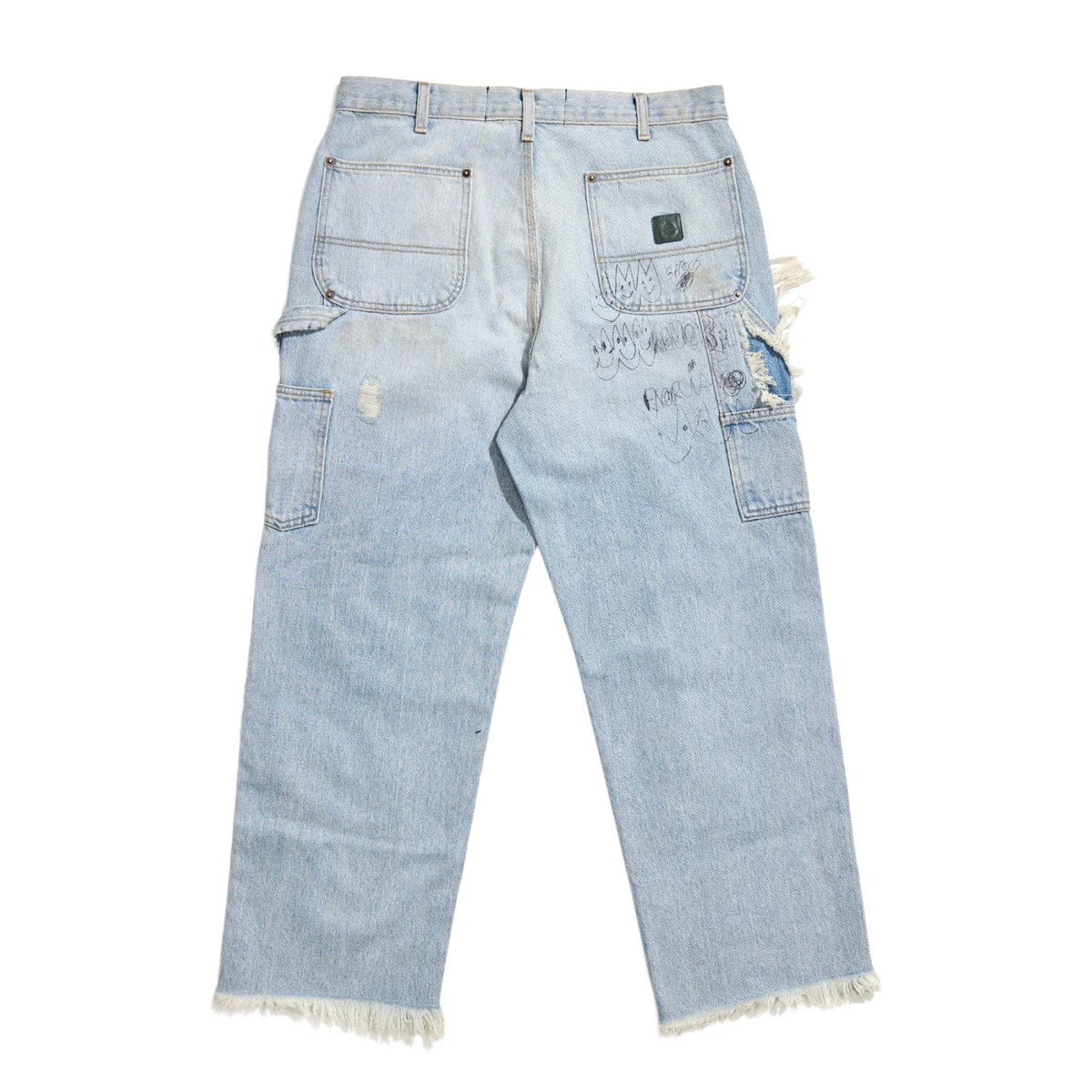 Back flat lay view of the light blue Paly ripped studded jeans, showcasing a relaxed silhouette with minor fading on the seat, a small leather brand patch on the waistband, and clean patch pockets.