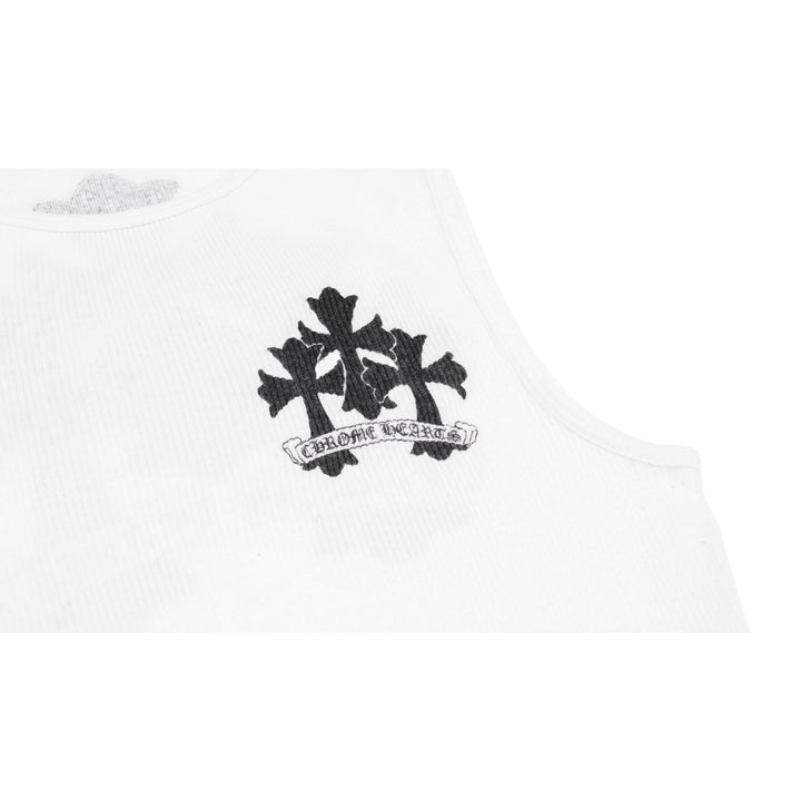 Macro detail of the back print, highlighting the crisp black silkscreen ink layout over the white ribbed cotton fabric, showing a dense cluster of overlapping Chrome Hearts floral crosses.