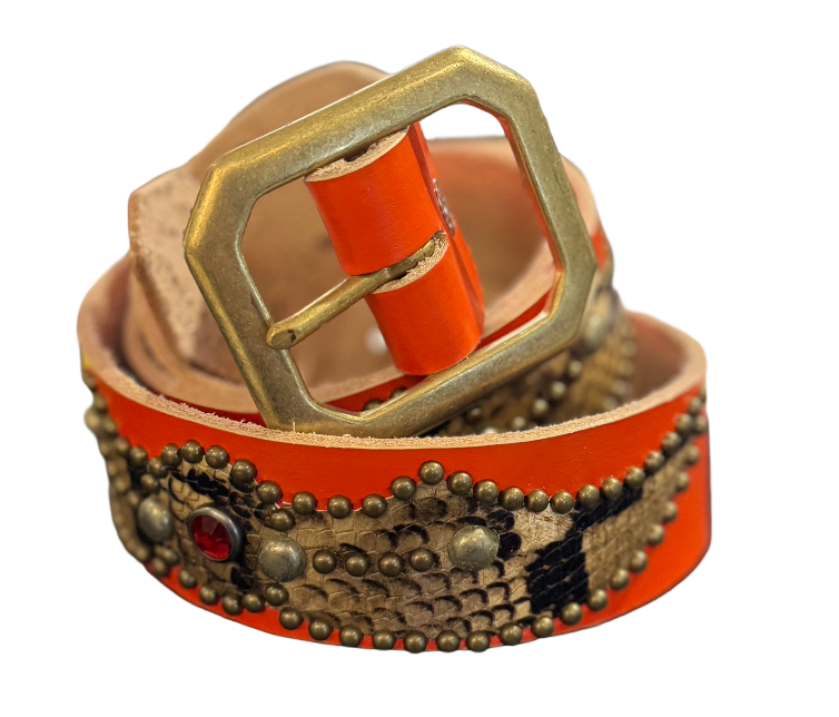 Studded 'Red Gem/ Snakeskin Black Brown' Orange Belt