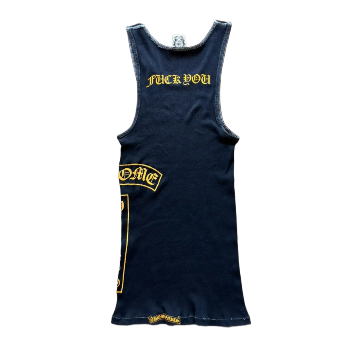 Back flat lay view of the navy blue vintage Chrome Hearts tank top, highlighting the classic racerback or T-bar shoulder construction that narrows elegantly across the upper spine, dominated by an arched bright yellow gothic script brand logo screen-printed cleanly across the shoulder blade panel.
