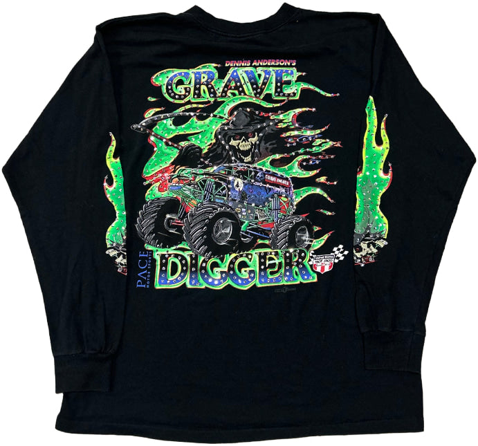 Grave Digger 'Green Flames' RHinestone Vintage L/S