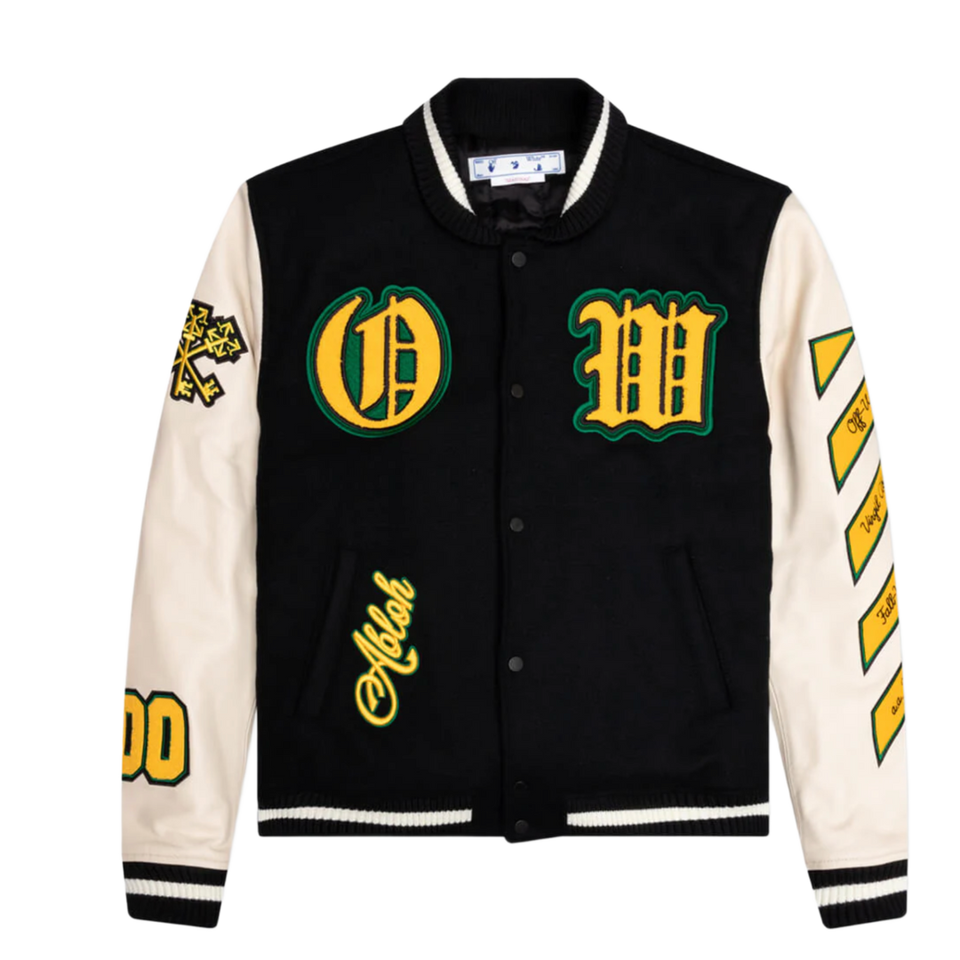Off White 'Black Yellow Graphic' Varsity Leather Jacket