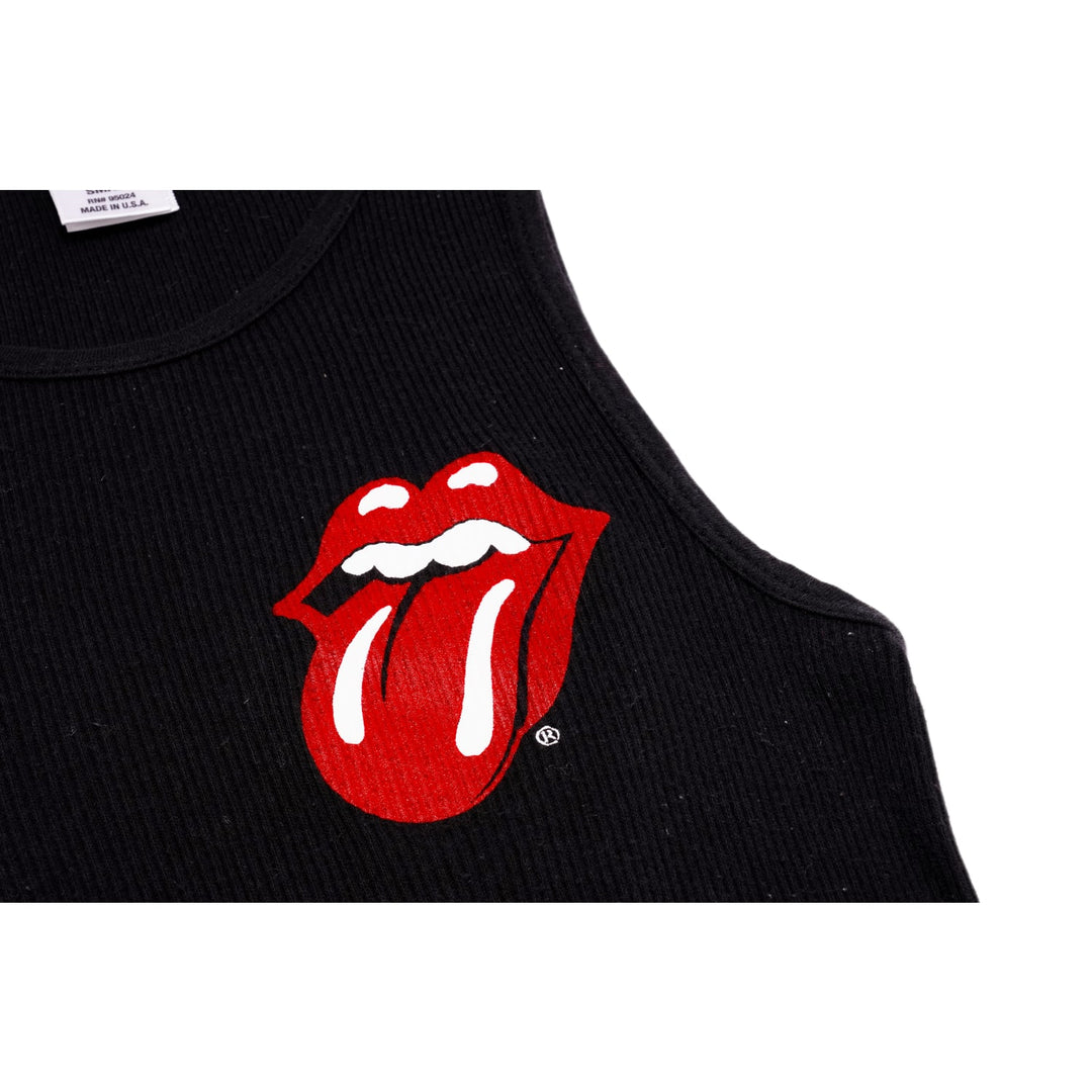 Macro detail of the front print, showcasing the vibrant red and white ink of the classic Rolling Stones tongue logo over the textured black ribbed cotton canvas.
