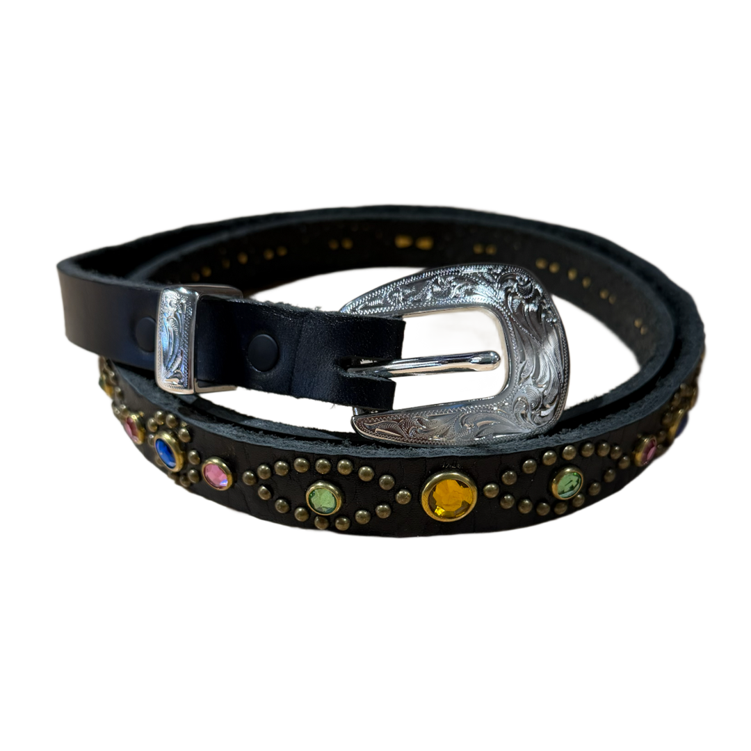 Studded 'Black & Gems' Thin Leather Belt