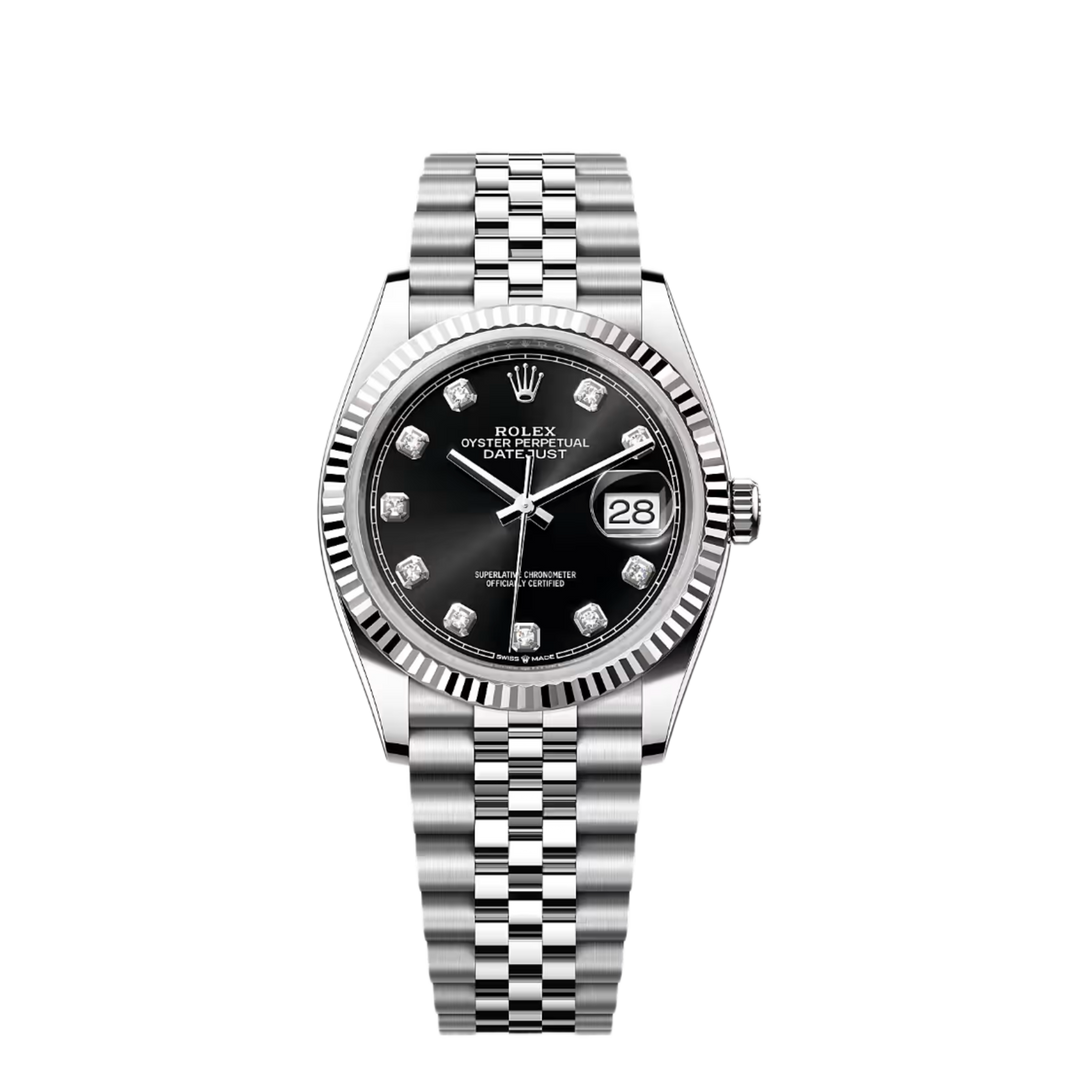 Rolex Datejust 36 Black Diamond Dial Stainless 2021 Steel Fluted Bezel Jubilee Bracelet Watch