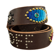 Studded 'Blanket Pattern Green/White Gem' Brown Fuck Off Leather Belt