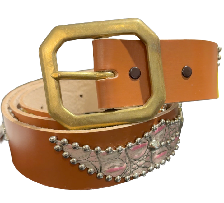 Studded 'Pink Tan Scale Silver Star Spider Gem' Brown Belt