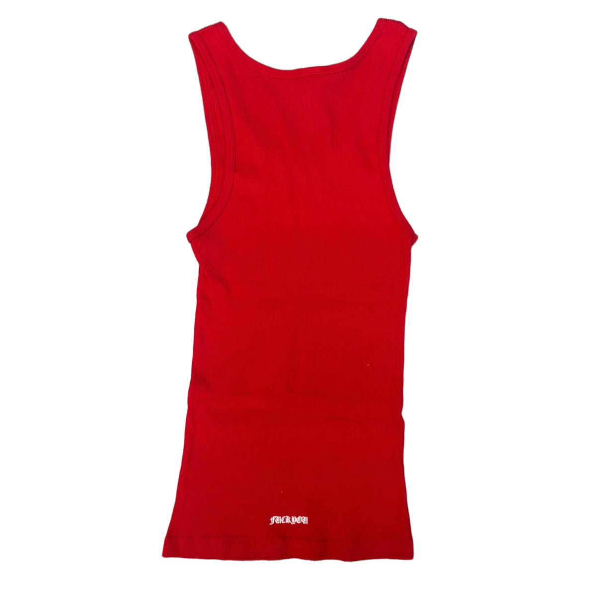 Back flat lay view of the scarlet red vintage women's fine-ribbed tank top, highlighting the continuous form-fitting ribbed jersey drape across a clean, unadorned solid red reverse profile that extends to a straight lower hemline with neat edge stitching.