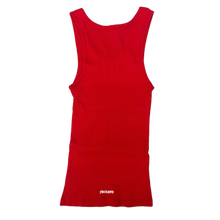 Back flat lay view of the scarlet red vintage women's fine-ribbed tank top, highlighting the continuous form-fitting ribbed jersey drape across a clean, unadorned solid red reverse profile that extends to a straight lower hemline with neat edge stitching.
