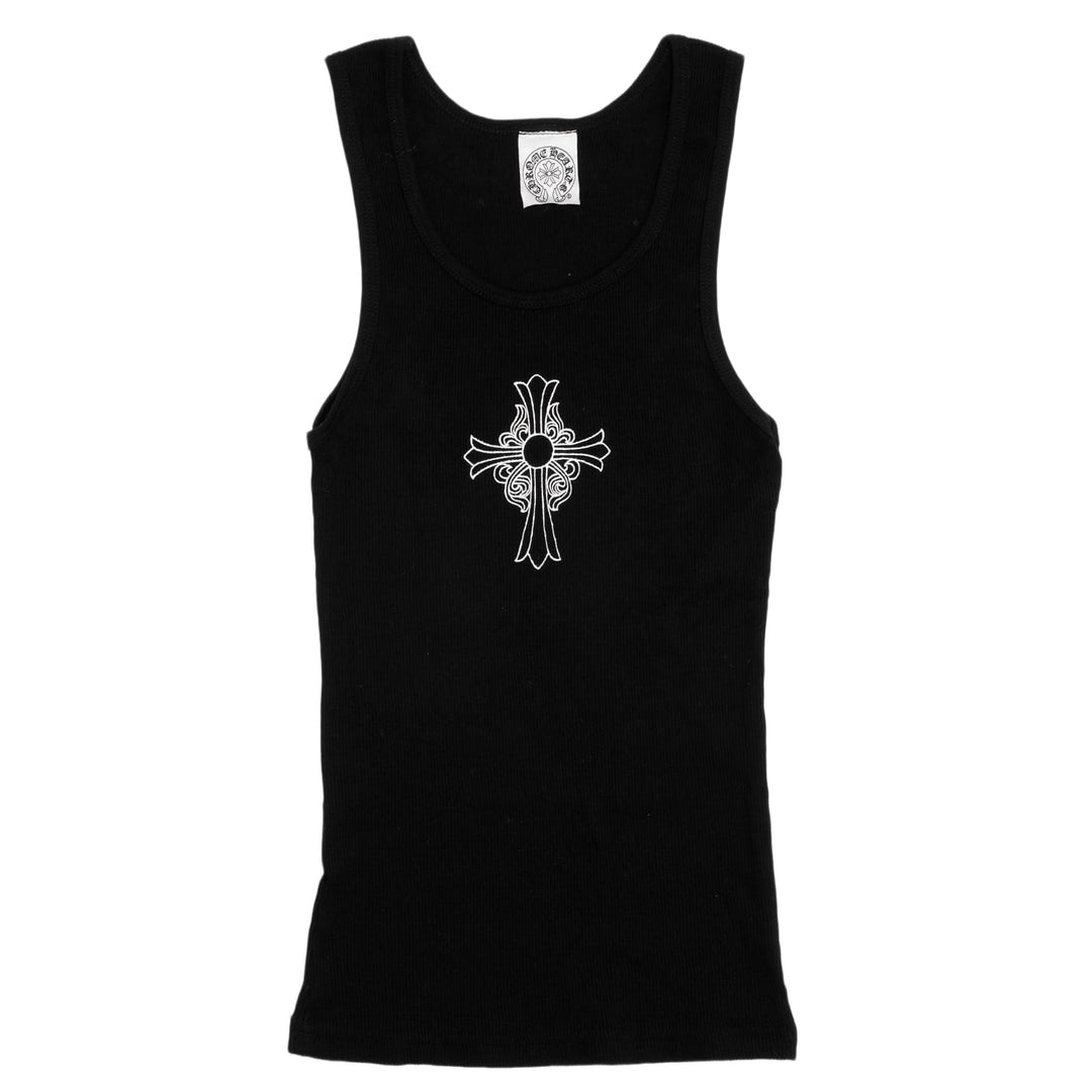 Front flat lay view of a Chrome Hearts vintage women's scoop-neck tank top in black cotton, featuring a large textured 'hairy' fabric gothic cross patch centered on the chest.