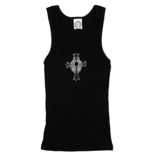 Front flat lay view of a Chrome Hearts vintage women's scoop-neck tank top in black cotton, featuring a large textured 'hairy' fabric gothic cross patch centered on the chest.