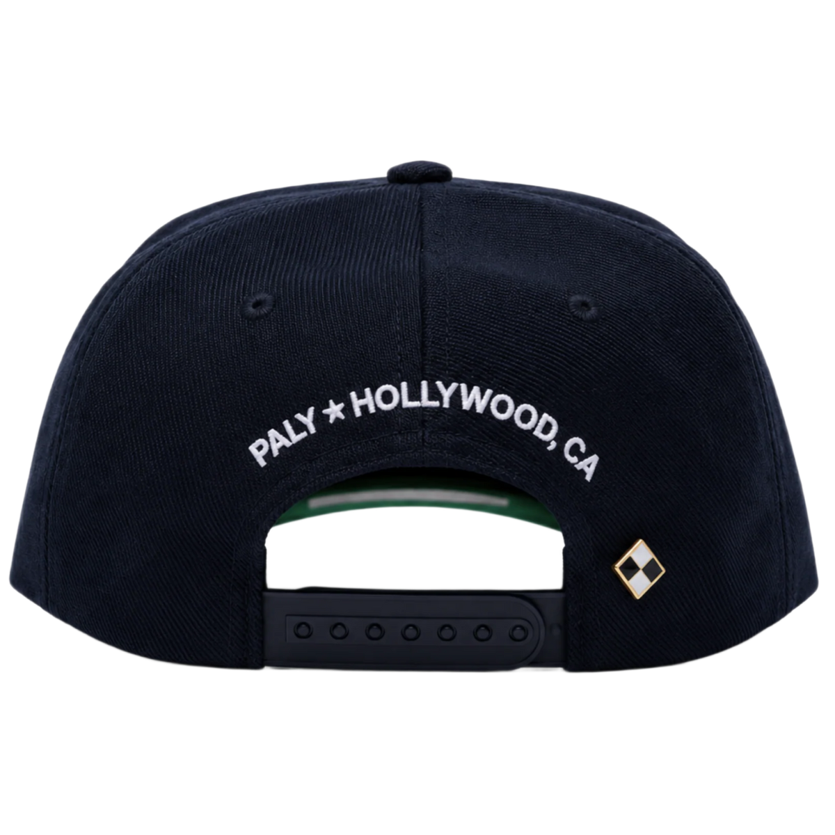 A straight-on rear view of the navy blue Paly canvas cap resting flat, highlighting the low-profile crown posture and uniform panels, featuring an adjustable fabric strap closure with a metallic slider buckle, accented cleanly by white embroidered branding text reading 'PALY HOLLYWOOD CA.' stitched across the rear opening arc.