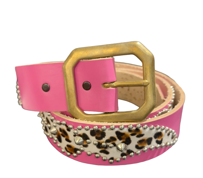 Studded 'White Leopard Hair Spider Gem' Pink Belt