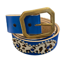 Studded 'White Leopard Fur Sun Gem' Blue Belt