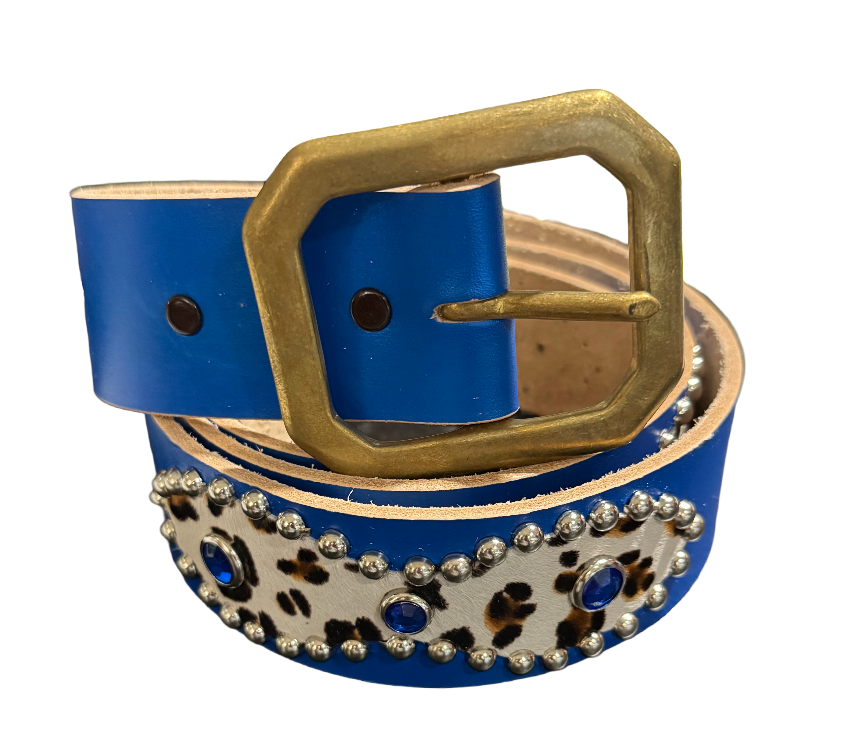 Studded 'White Leopard Fur Sun Gem' Blue Belt