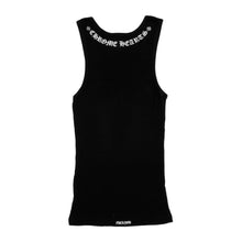 Back flat lay view of the black tank top, showcasing a clean back panel accented by a small white gothic 'CHROME HEARTS' script logo arched across the upper neck line.