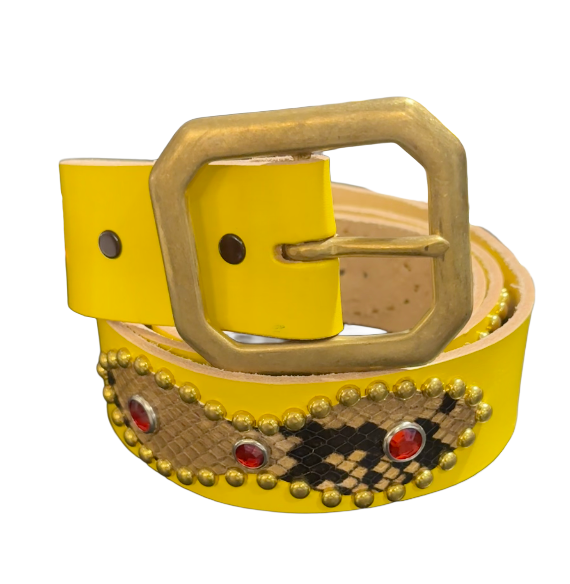 Studded 'Brown Snakeskin Sun Gem' Yellow Belt