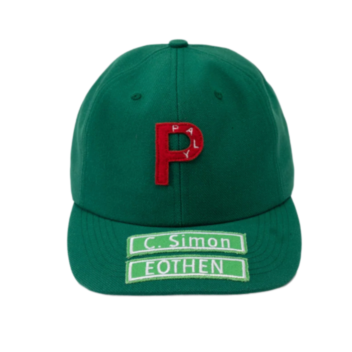 A straight front studio layout view of the Paly 'P' cap, showcasing a structured six-panel profile crafted from a premium emerald green cotton twill canvas, featuring a curved stitched brim, a matching green top button, and a large bold red embroidered letter 'P' motif on the center crown, complemented on the lower brim by two stacked rectangular fabric patches with contrast borders reading 'C. Simon' and 'EOTHEN'.