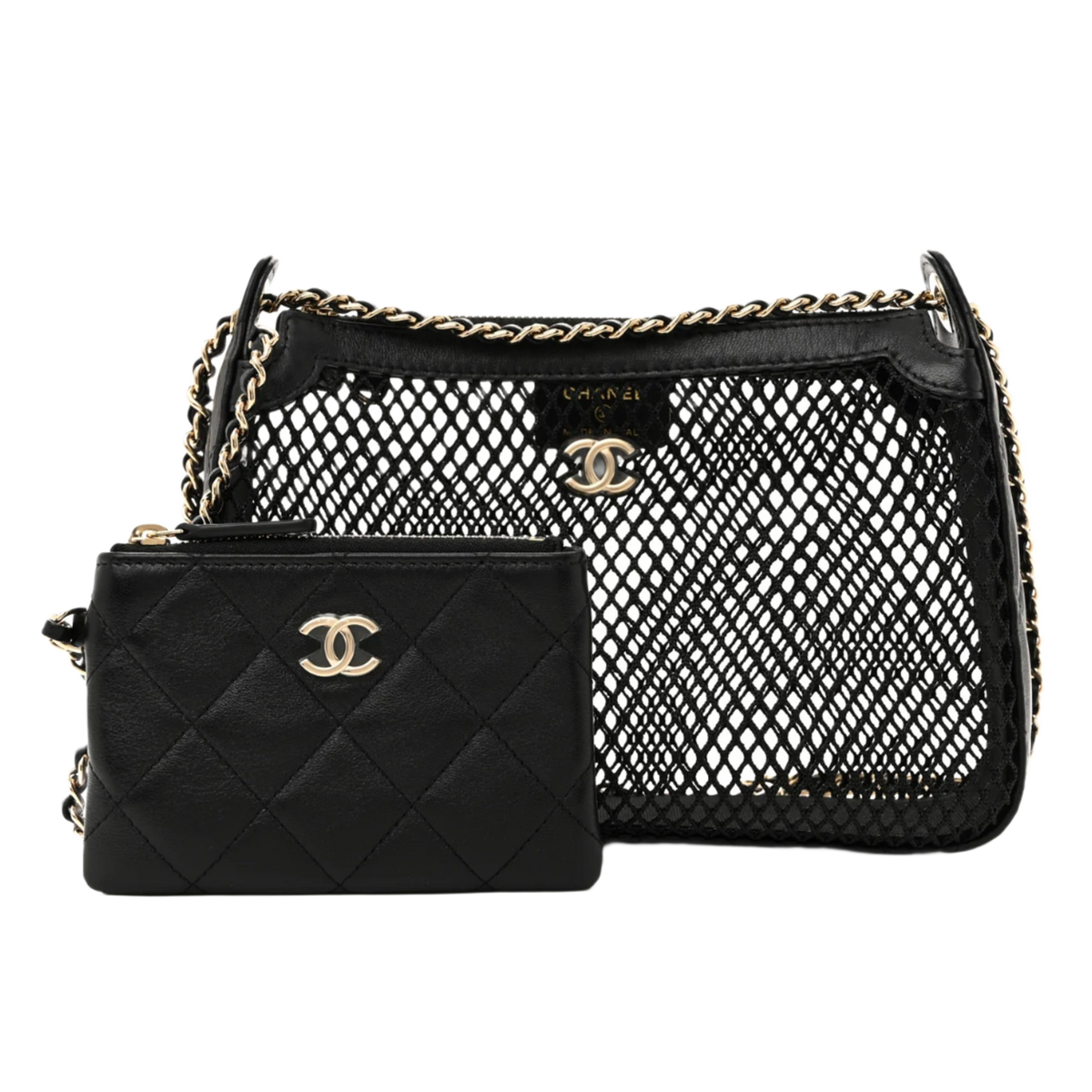 Chanel 25S Mesh Shiny Lambskin Black Clutch With Chain and Wallet