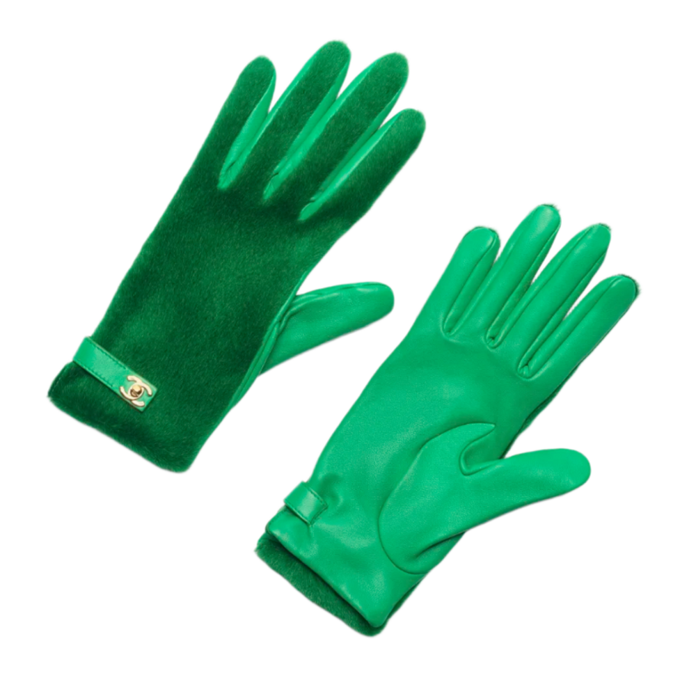 Chanel 26A 'Green & Gold' Metiers d'art Turnlock Lambskin Women's Gloves